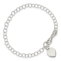 Sterling Silver Round Link with Heart Dangle Charm 6 Inch Bracelet