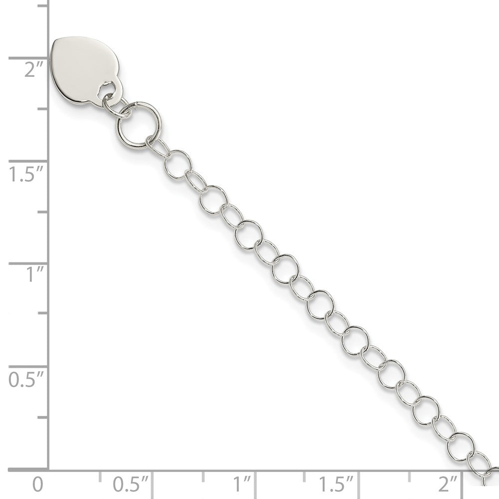 Sterling Silver Round Link with Heart Dangle Charm 6 Inch Bracelet