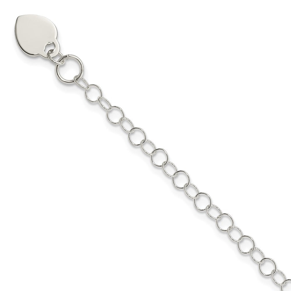 Sterling Silver Round Link with Heart Dangle Charm 6 Inch Bracelet