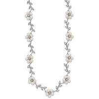 Sterling Silver Rhodium-plated FW Cultured Pearl and CZ Floral Necklace