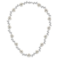 Sterling Silver Rhodium-plated FW Cultured Pearl and CZ Floral Necklace