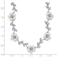 Sterling Silver Rhodium-plated FW Cultured Pearl and CZ Floral Necklace