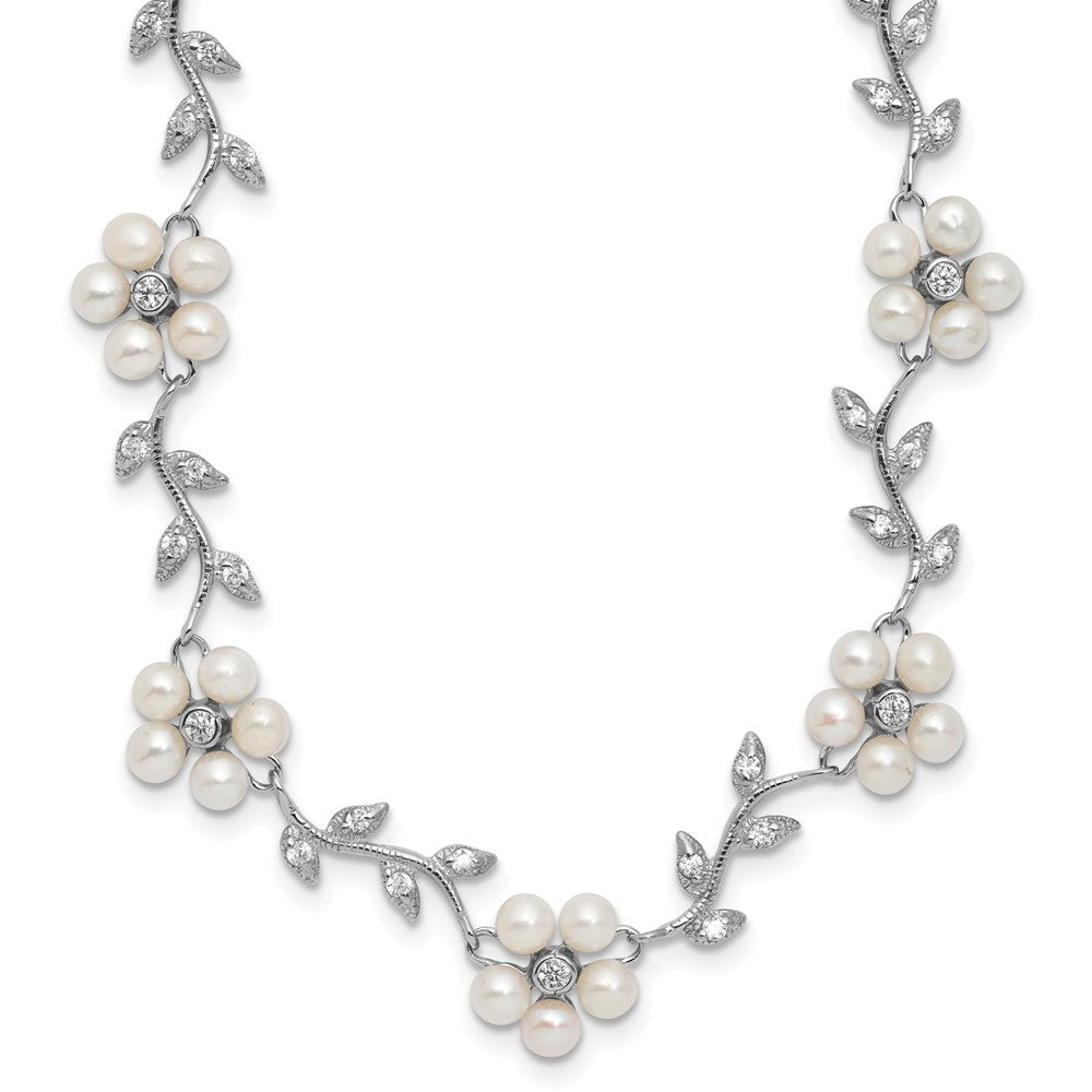 Sterling Silver Rhodium-plated FW Cultured Pearl and CZ Floral Necklace