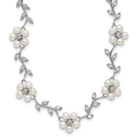 Sterling Silver Rhodium-plated FW Cultured Pearl and CZ Floral Necklace