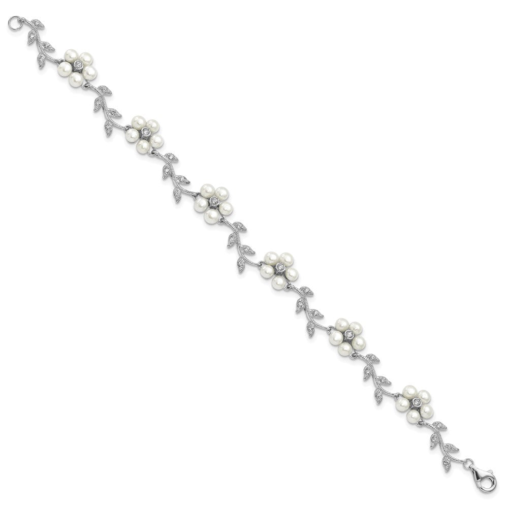 Sterling Silver Rhodium-plated FW Cultured Pearl and CZ Floral Bracelet