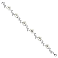 Sterling Silver Rhodium-plated FW Cultured Pearl and CZ Floral Bracelet