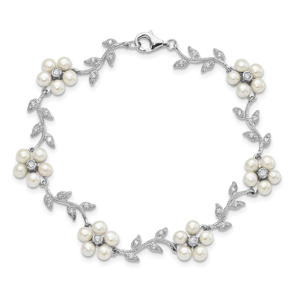 Sterling Silver Rhodium-plated FW Cultured Pearl and CZ Floral Bracelet