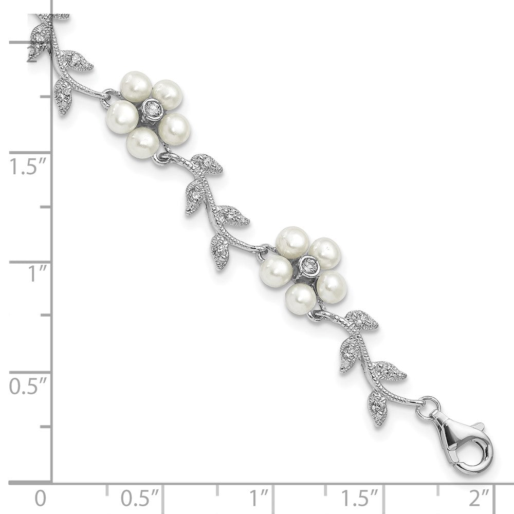 Sterling Silver Rhodium-plated FW Cultured Pearl and CZ Floral Bracelet