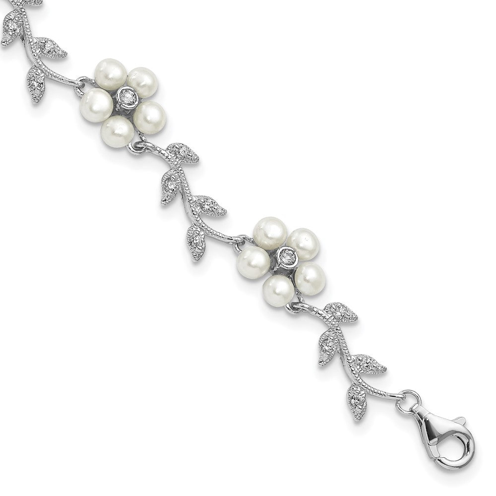 Sterling Silver Rhodium-plated FW Cultured Pearl and CZ Floral Bracelet