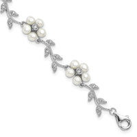 Sterling Silver Rhodium-plated FW Cultured Pearl and CZ Floral Bracelet
