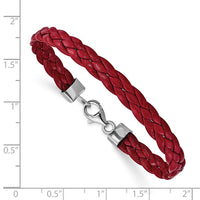 Sterling Silver Rhodium Plated Red Braided Leather 7in Bracelet