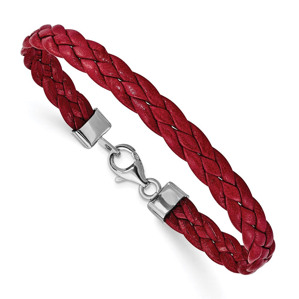 Sterling Silver Rhodium Plated Red Braided Leather 7in Bracelet