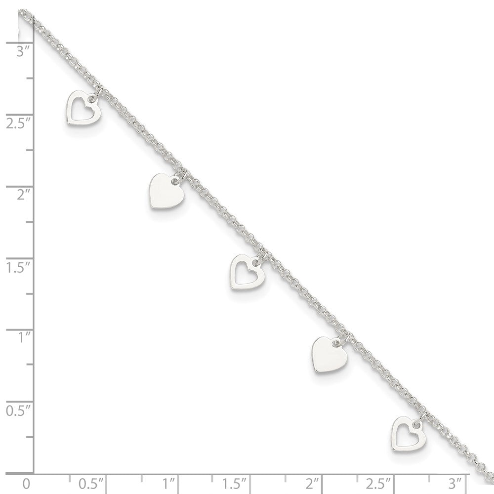 Sterling Silver Polished Hearts 9in Plus 1in Ext. Anklet