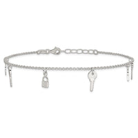 Sterling Silver Polished Lock and Key 10in Plus 1in Ext. Anklet