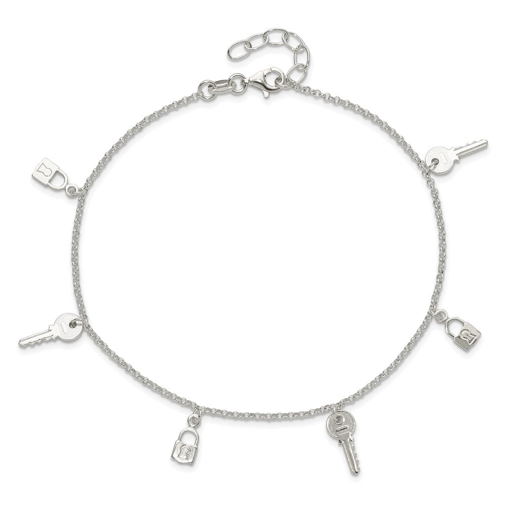 Sterling Silver Polished Lock and Key 9in Plus 1in Ext. Anklet