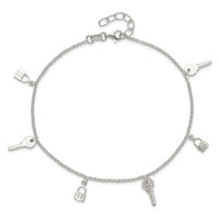 Sterling Silver Polished Lock and Key 10in Plus 1in Ext. Anklet