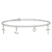 Sterling Silver Cross Heart and Anchor 10in Plus 1in ext Anklet