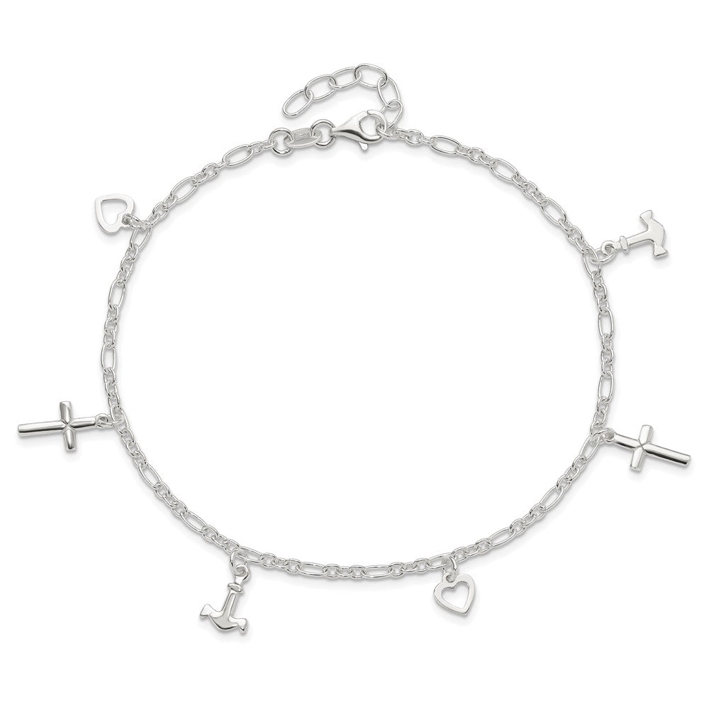 Sterling Silver Cross Heart and Anchor 9in Plus 1in ext Anklet