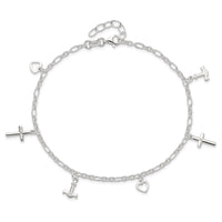 Sterling Silver Cross Heart and Anchor 10in Plus 1in ext Anklet
