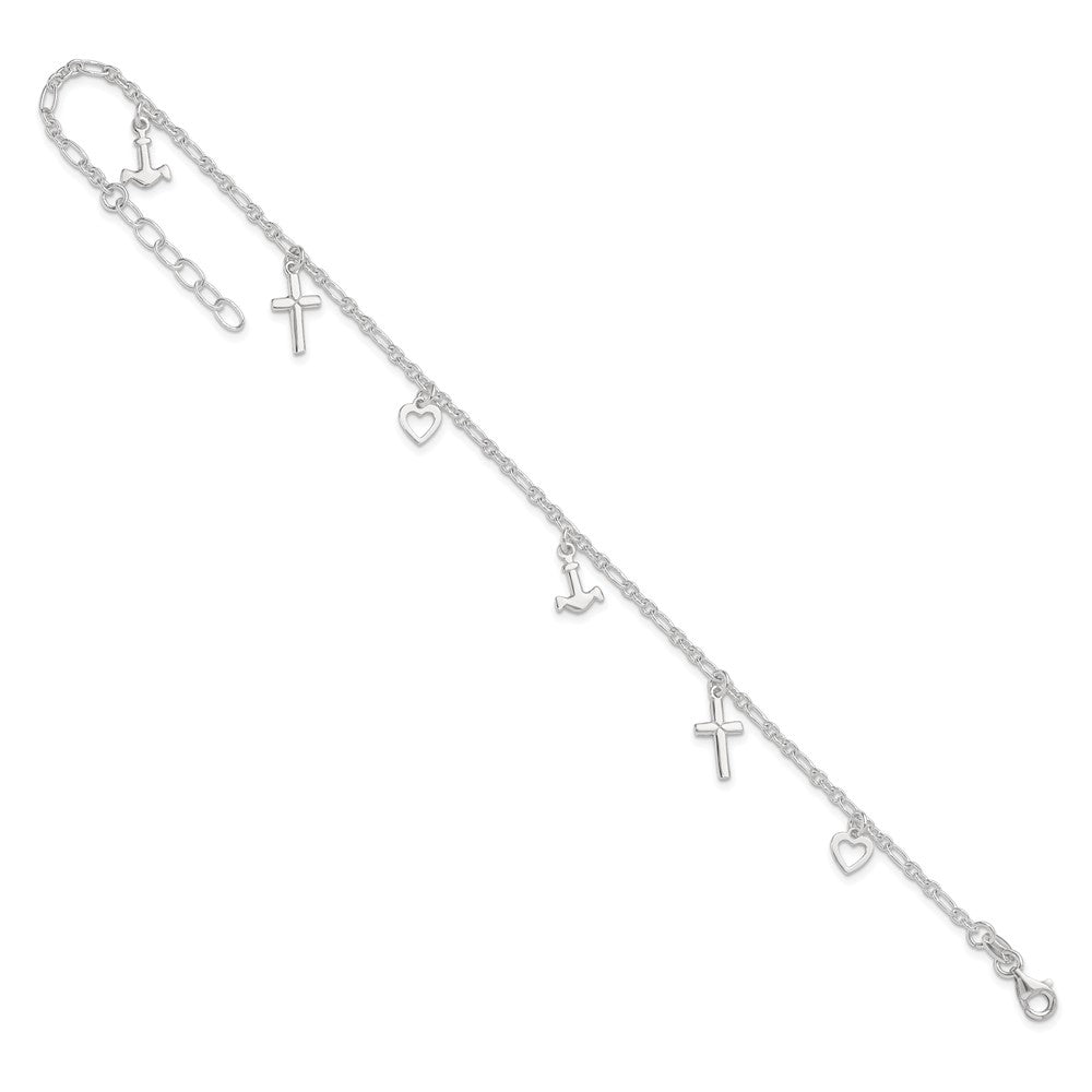 Sterling Silver Cross Heart and Anchor 9in Plus 1in ext Anklet
