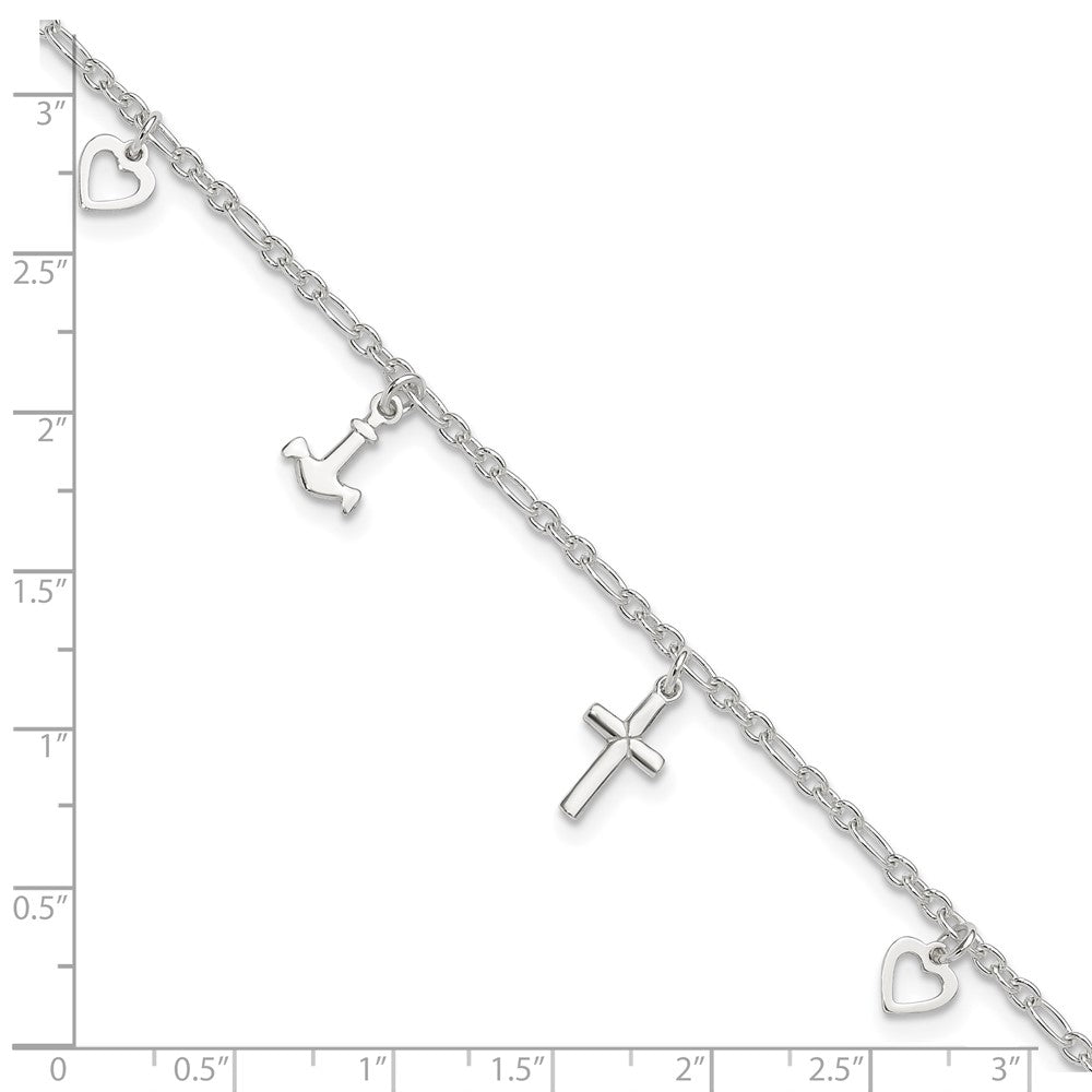 Sterling Silver Cross Heart and Anchor 9in Plus 1in ext Anklet