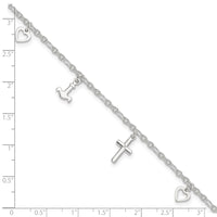 Sterling Silver Cross Heart and Anchor 9in Plus 1in ext Anklet