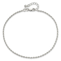 Sterling Silver Adjustable Diamond-Cut Rope 9in Plus 1in ext. Anklet
