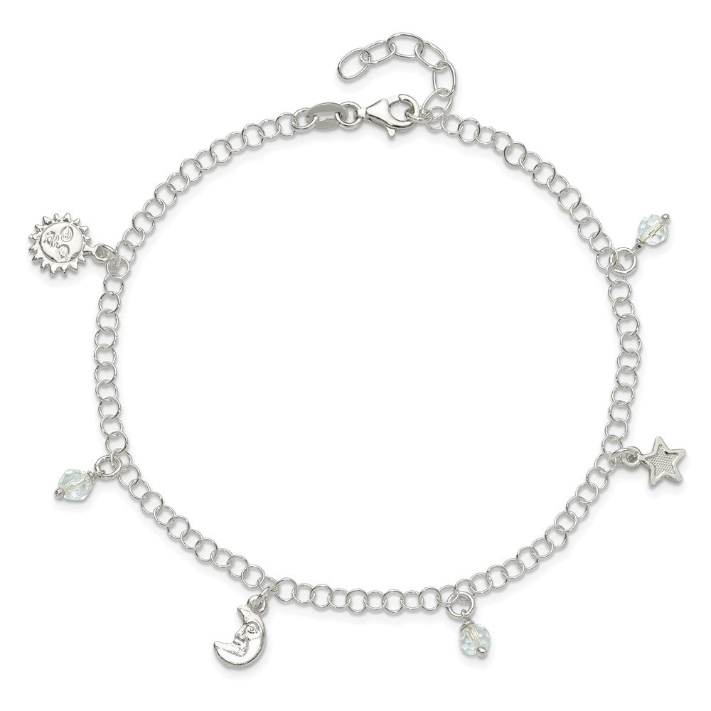 Sterling Silver Sun Moon Stars and Crystals 10in Plus 1in ext. Anklet