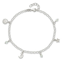 Sterling Silver Sun Moon Stars and Crystals 10in Plus 1in ext. Anklet