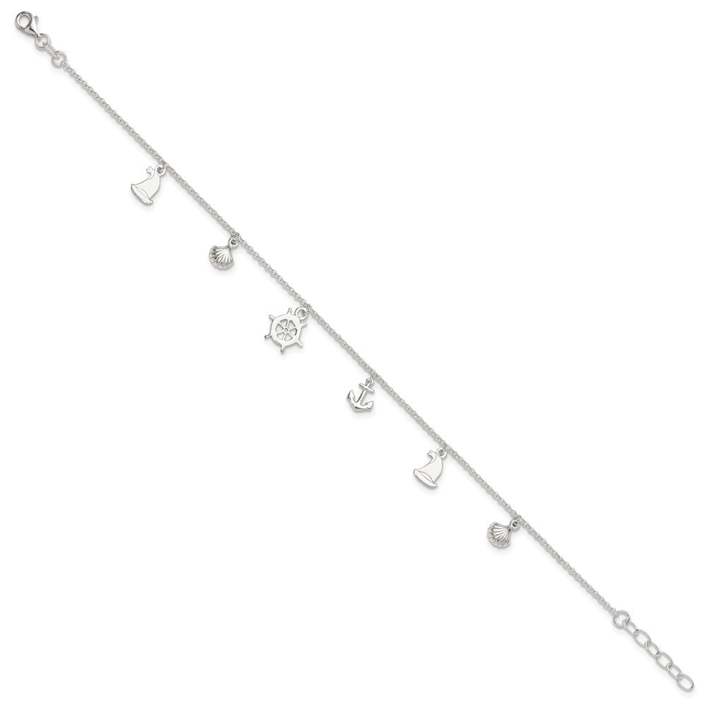 Sterling Silver Polished Ocean Theme 9in Plus 1in Ext. Anklet