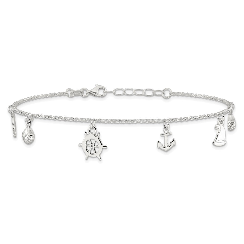 Sterling Silver Polished Ocean Theme 9in Plus 1in Ext. Anklet