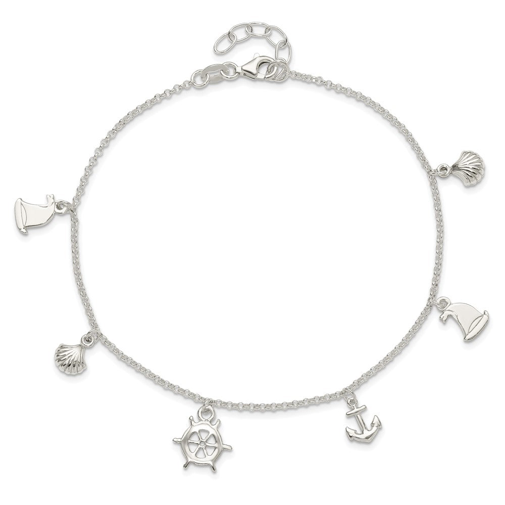 Sterling Silver Polished Ocean Theme 9in Plus 1in Ext. Anklet