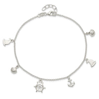 Sterling Silver Polished Ocean Theme 9in Plus 1in Ext. Anklet