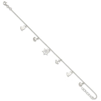 Sterling Silver Polished Ocean Theme 9in Plus 1in Ext. Anklet