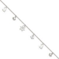Sterling Silver Polished Ocean Theme 9in Plus 1in Ext. Anklet