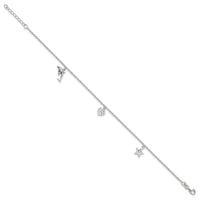 Sterling Silver Polished Heart, Star and Dolphin 9in Plus 1in Ext. Anklet