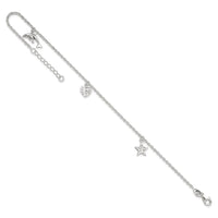 Sterling Silver Polished Heart, Star and Dolphin 9in Plus 1in Ext. Anklet