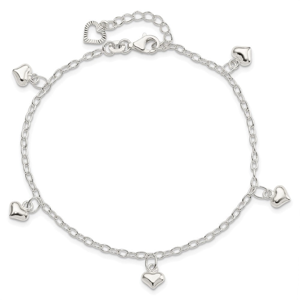 Sterling Silver Polished Puffed Heart 9in Plus1in Ext Anklet