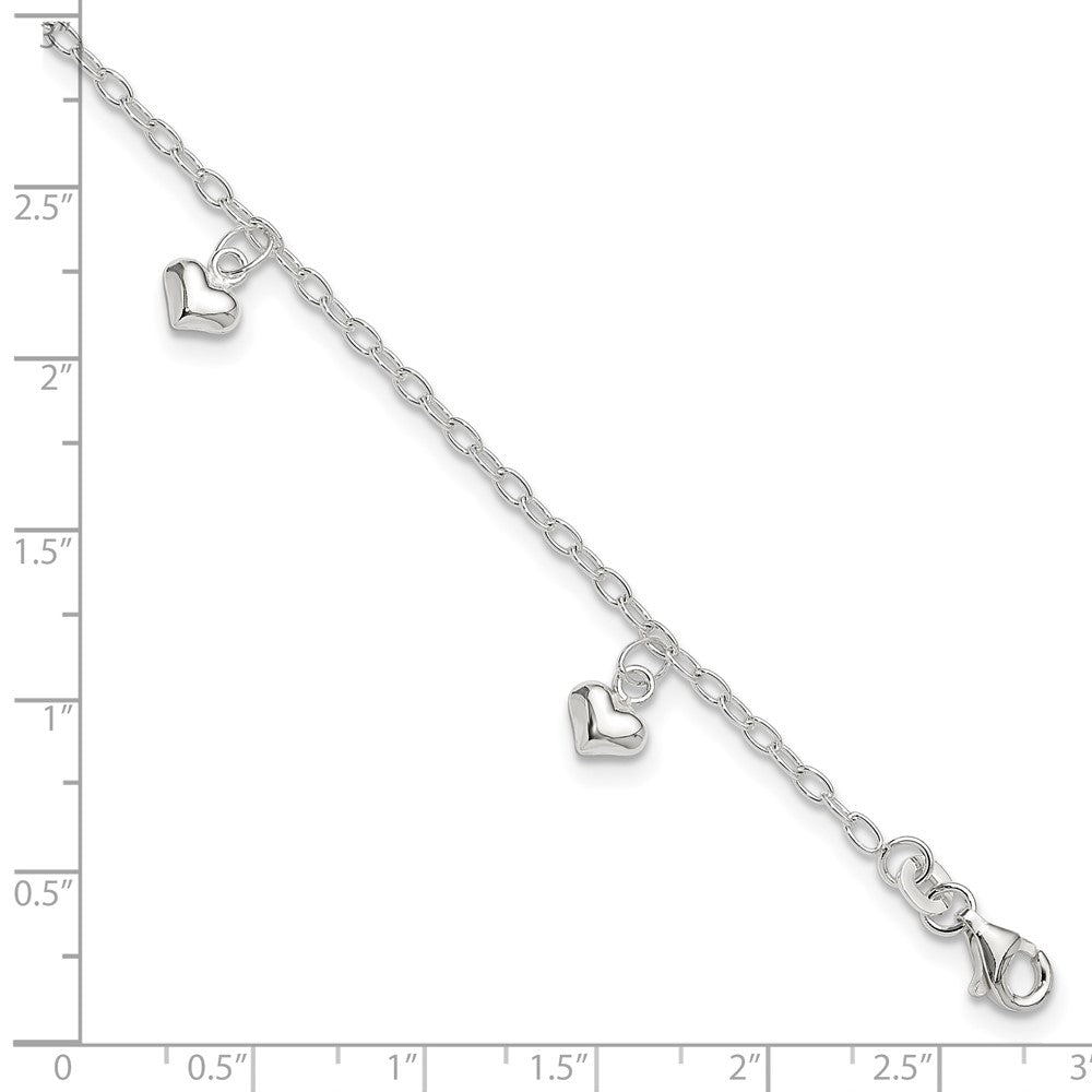 Sterling Silver Polished Puffed Heart 9in Plus1in Ext Anklet