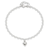 Sterling Silver Polished Fancy Link Puffed Heart 9 in Plus 1in ext. Anklet
