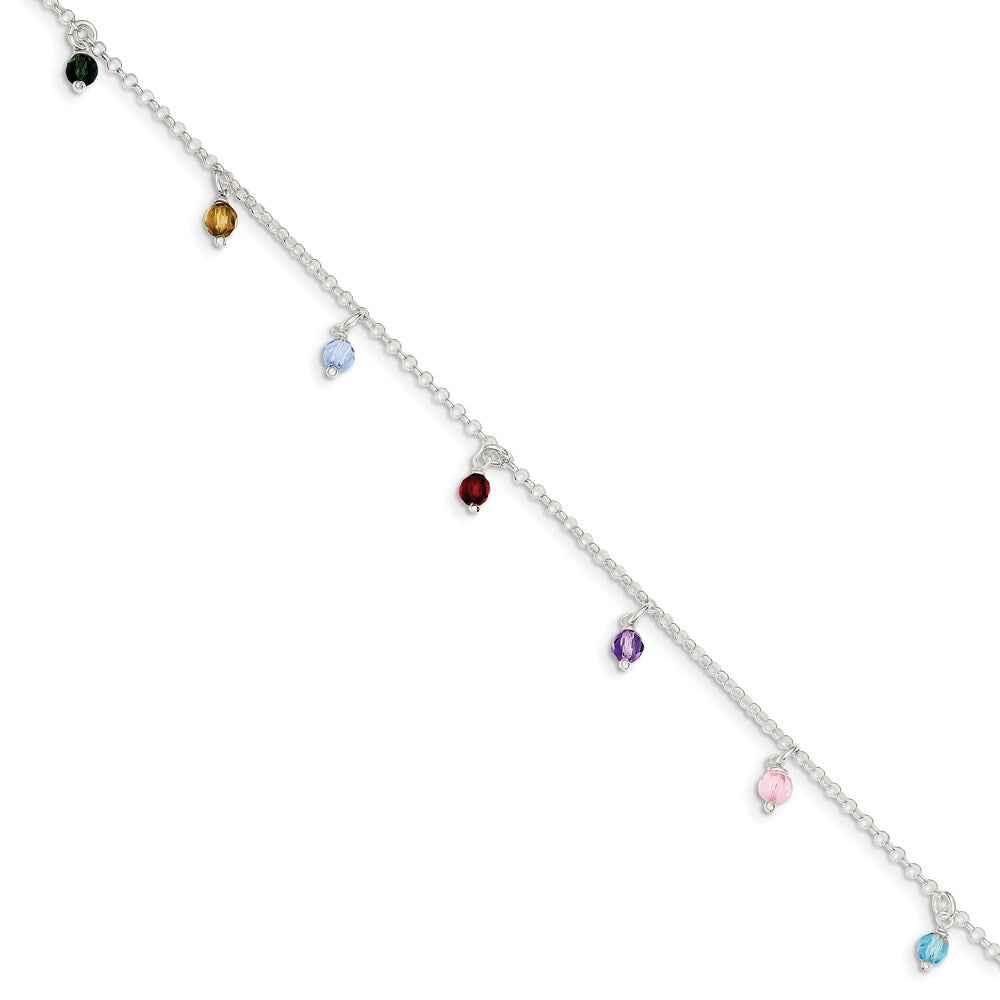 Sterling Silver Polished Multi-colored Beads 9in Plus 1in ext. Anklet