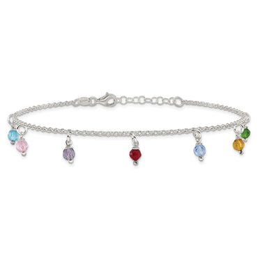 Sterling Silver Polished Multi-colored Beads 10in Plus 1in ext. Anklet