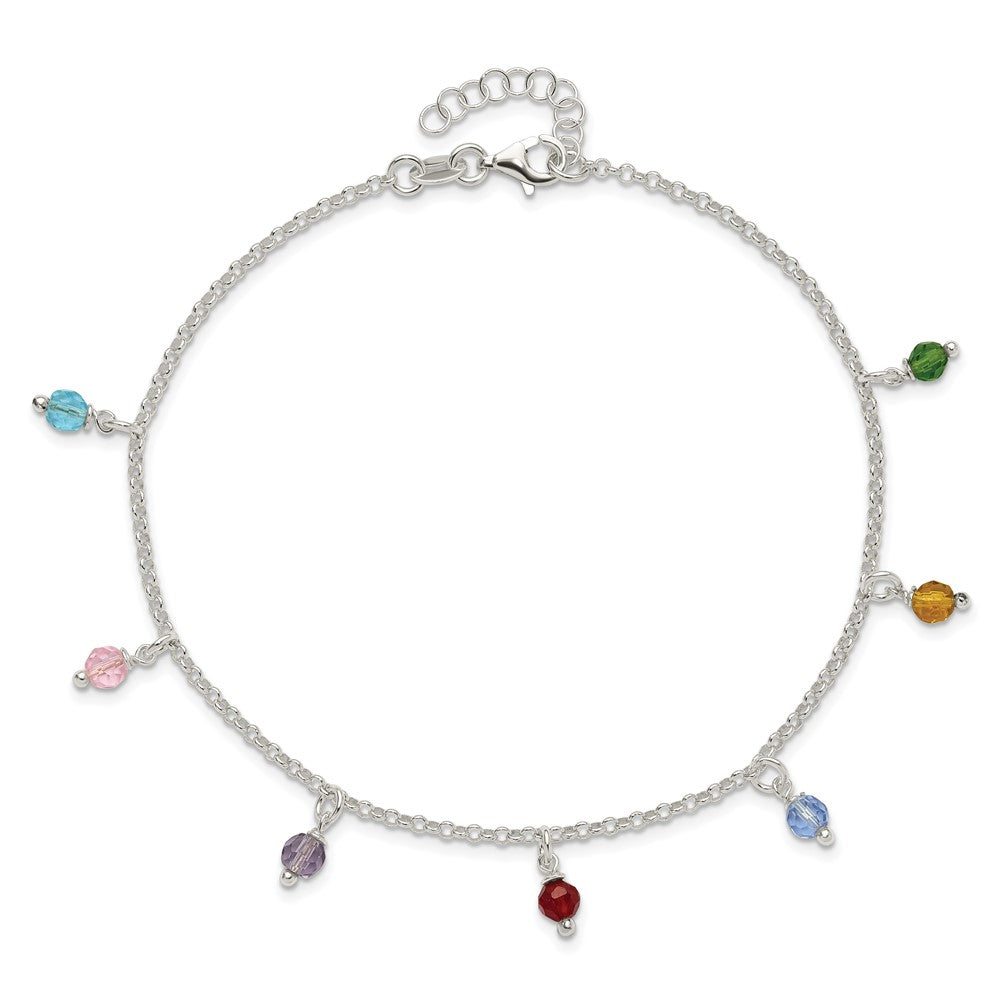 Sterling Silver Polished Multi-colored Beads 10in Plus 1in ext. Anklet