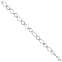 Sterling Silver Polished Textured Fancy Circle and Oval Link Bracelet