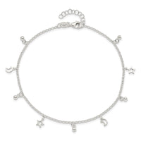 Sterling Silver Polished Bead Star and Moon 9in Plus 1in Ext. Anklet