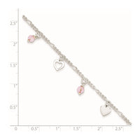 Sterling Silver Pink Glass Beads and Polished Hearts 1in w/ext. Anklet