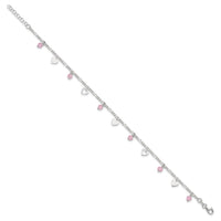 Sterling Silver Pink Glass Beads and Polished Hearts 1in w/ext. Anklet