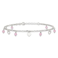 Sterling Silver Pink Glass Beads and Polished Hearts 1in w/ext. Anklet