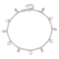 Sterling Silver Pink Glass Beads and Polished Hearts 1in w/ext. Anklet