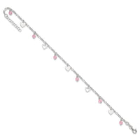 Sterling Silver Pink Glass Beads and Polished Hearts 1in w/ext. Anklet